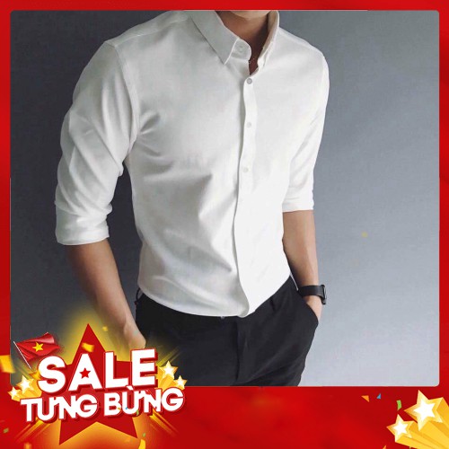 Áo Sơ Mi Nam trắng dài tay Hàn Quốc form body, vải lụa Thái chống nhăn - Hàng nhập khẩu