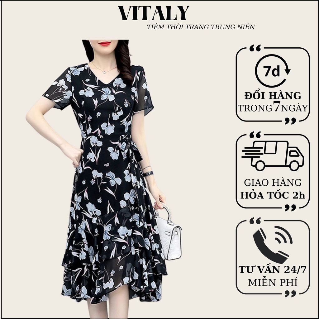 Đầm Trung Niên Sang Trọng Cao Cấp VITALY,Váy Lụa Nữ Cho Mẹ Đẹp Đi Chơi Dự Tiệc Du Lịch Dáng Dài Suông 30,40,50 Tuổi CV03