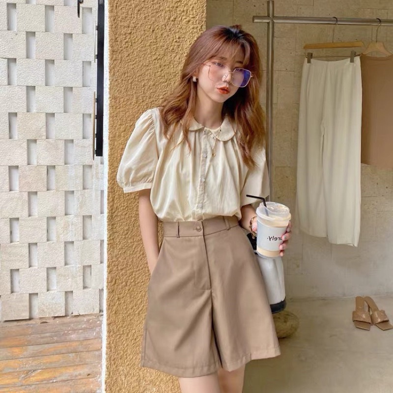SET ÁO CỔ SEN TAY BỒNG MIX QUẦN SHORT SUÔNG KOREA 2021
