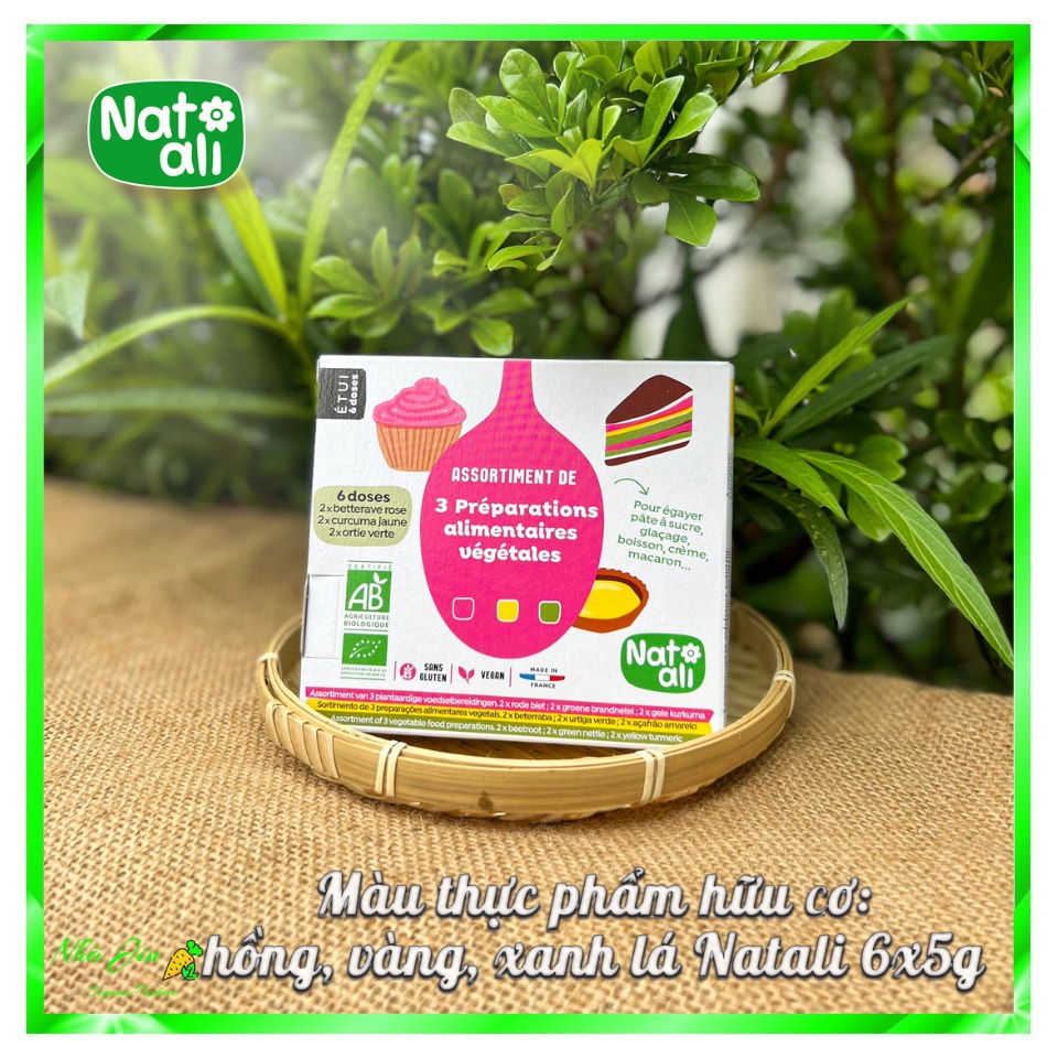 Bột màu thực phẩm hữu cơ: hồng, vàng, xanh lá Natali 6x5g