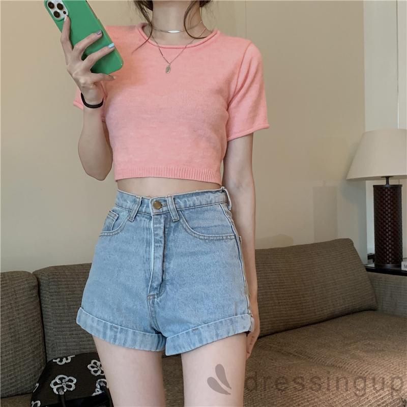 Áo Thun Tay Ngắn Cổ Tròn Hở Lưng Màu Sắc Đơn Giản Cho Nữ