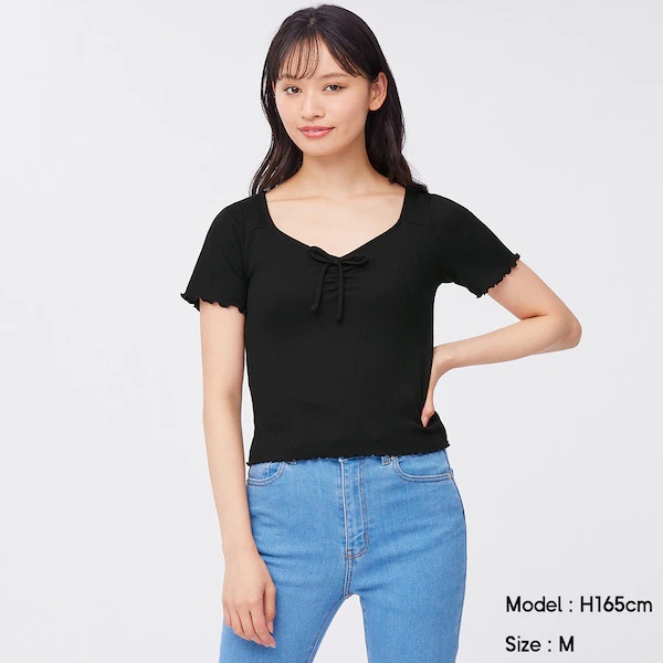 Áo thun tăm tay ngắn, đính nơ - Áo thun GU Nhật - Mã 337080