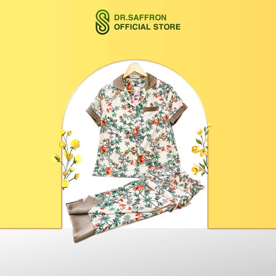 Bộ đồ ngủ lụa Nhật Japan Silk loại áo cộc quần dài tay họa tiết hoa sơn sang trọng , tươi mát