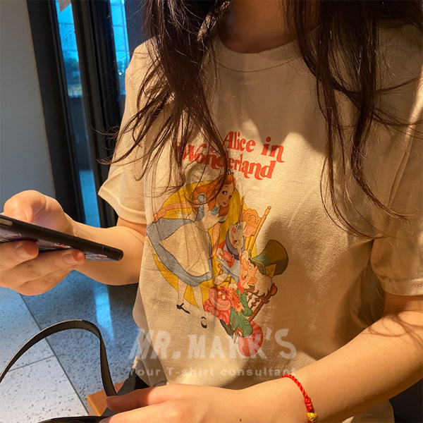 Áo Thun Ngắn Tay Dáng Rộng In Họa Tiết Hoạt Hình Xinh Xắn Dành Cho Nữ