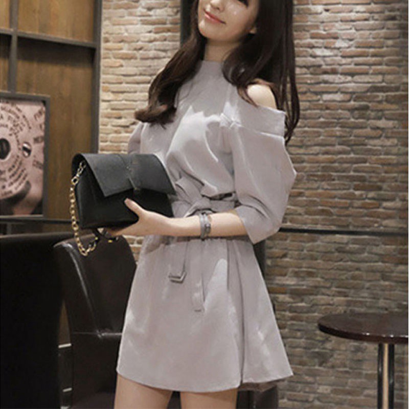 Đầm cổ tròn khoét vai thắt nơ eo thanh lịch cho nữ