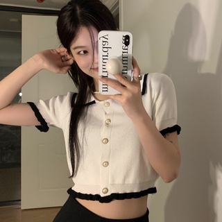 Áo len croptop ngắn tay dệt kim mỏng cổ polo gắn cúc hạt cườm