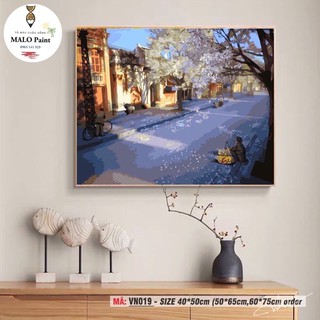 Tranh sơn dầu số hoá tự tô màu Tranh phong cảnh Hà Nội mùa hoa sưa