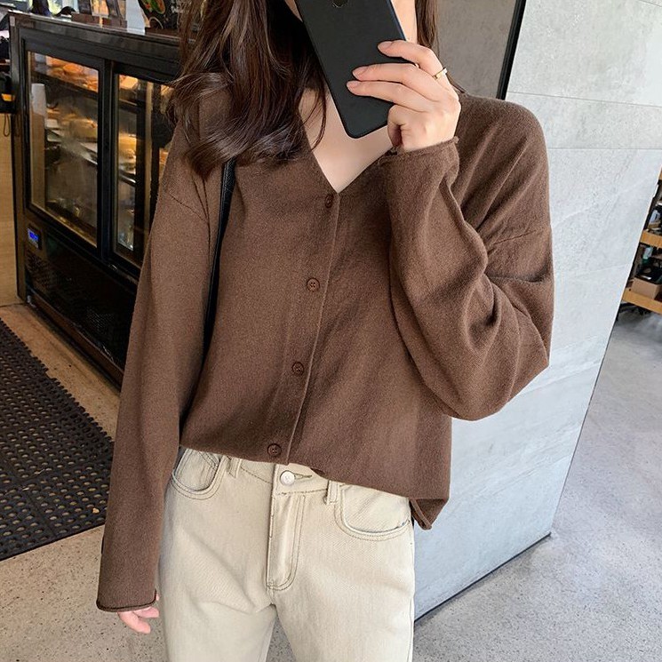 Áo Khoác Cardigan Dệt Kim Mỏng Cổ Chữ v Tay Dài Thoải Mái Thời Trang Mùa Thu Hàn Quốc 2023