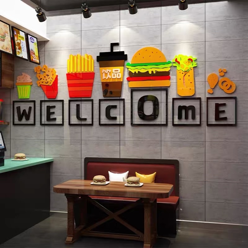 Tranh dán tường mica dán nổi welcome đồ ăn mẫu mới trang trí quán ăn, cafe, trà sữa, ăn vặt