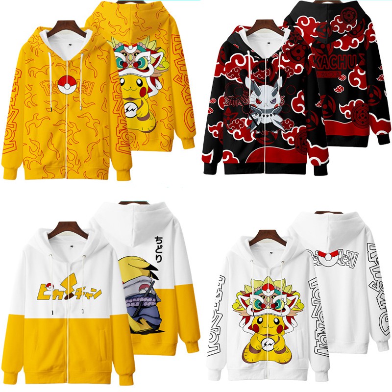 Áo khoác hoodie tay dài có khóa kéo plus size in hình Pikachu NARUTO