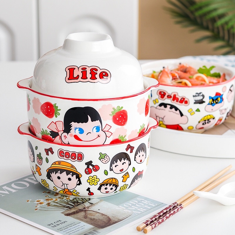SET BÁT ĂN MÌ HAI TAY CẦM BẰNG SỨ 2 TRONG 1 SHIN CHAN, MARUKO