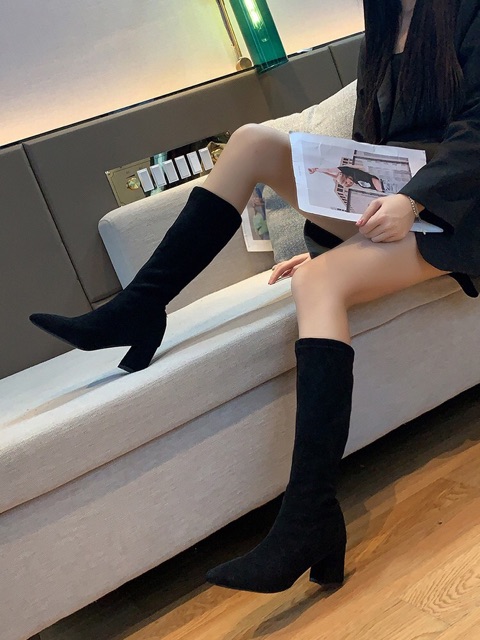 Boots lửng da lộn ulzzang gót vuông cao 6cm không khoá