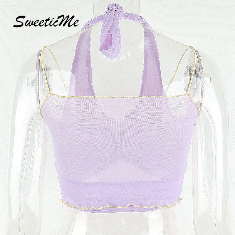 SweeticMe Women's 2021 New Sexy V-neck Wrap Chest Perspective Mesh Contrast Backless Halter Top | BigBuy360 - bigbuy360.vn