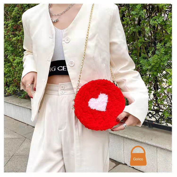 Tự đan handmade thời trang len xù phối trái tim diy túi