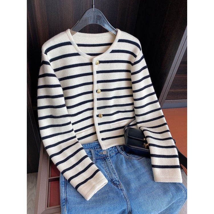 Áo Khoác Cardigan Dệt Kim Tay Dài Họa Tiết Kẻ Sọc Thời Trang Mùa Thu Phong Cách Mới Cho Nữ