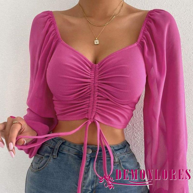 Áo Croptop Dệt Kim Ôm Dáng Tay Phồng Dài Cổ Chữ V Màu Trơn Phối Dây Rút Thời Trang Cho Nữ