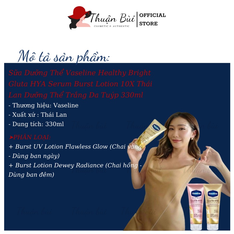 Sữa Dưỡng Thể Vaseline Healthy Bright Gluta HYA Serum Burst Lotion 10X Thái Lan Dưỡng Thể  Trắng Da Tuýp 330ml