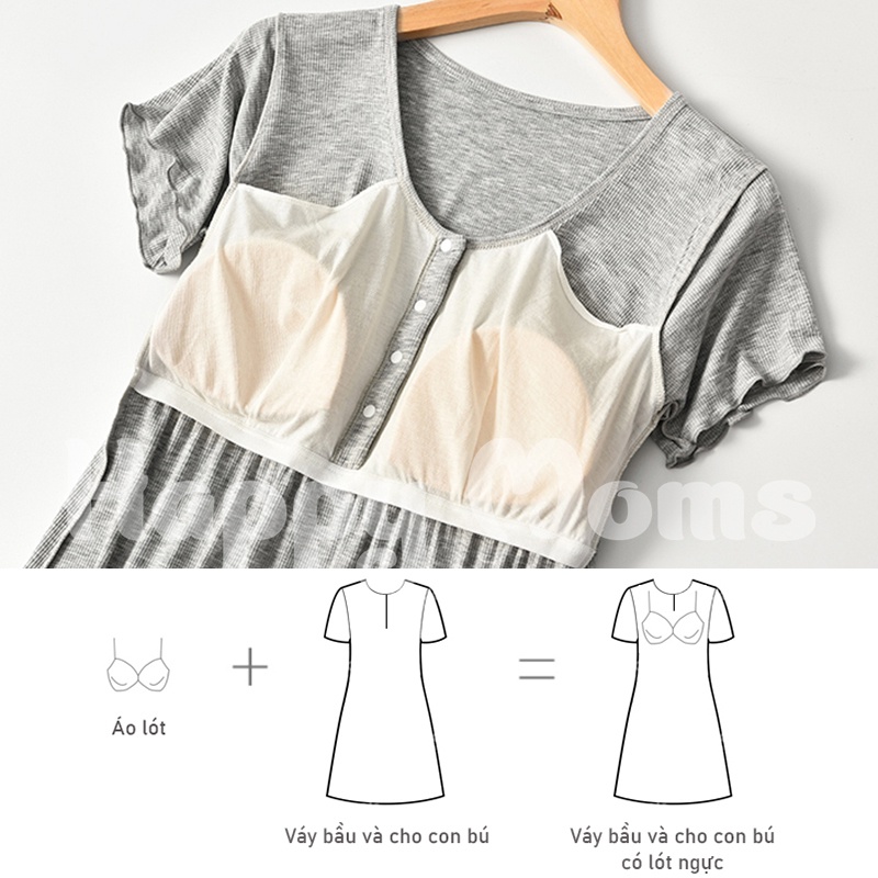 Đầm Thun Bầu - Váy Cho Con Bú Mặc Nhà Kèm Lót Ngực HAPPY MOM vải Modal Mềm Mịn và Co Giãn cho mẹ bầu và sau sinh