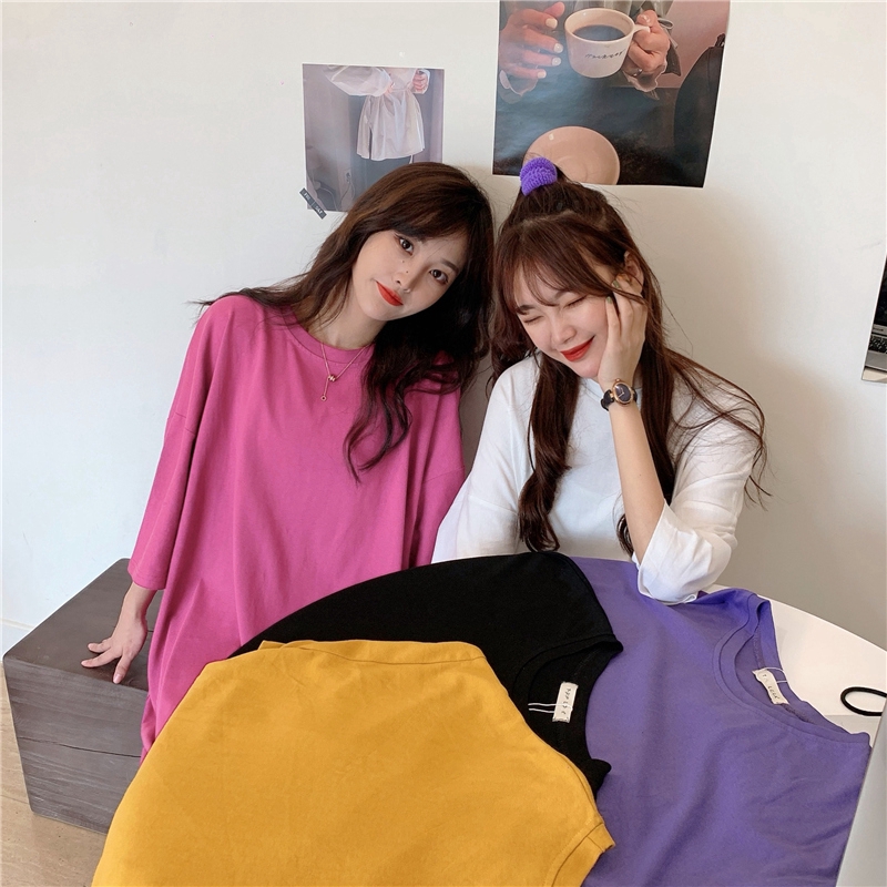 Đầm Thun Tay Ngắn Màu Trơn Thiết Kế Dáng Rộng Thoải Mái