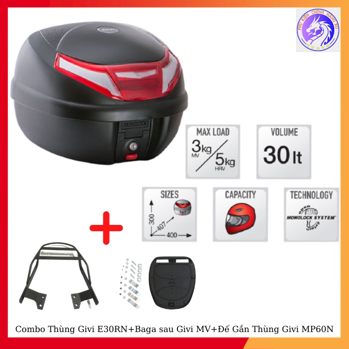 Combo Thùng Sau Givi E30RN + Baga Sau Givi MV + Đế Gắn Thùng Givi MP60N Gắn Cho Xe Winner 150/X - Exciter 2009/2011/150