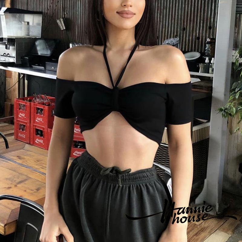 Áo Crop Top Tay Ngắn Trễ Vai Kiểu Cột Dây Thời Trang Quyến Rũ Cho Nữ