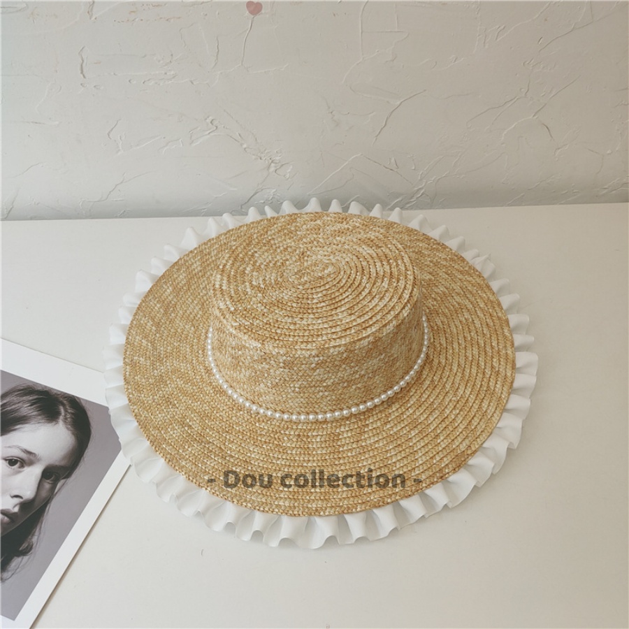 [NowShip2h] Nón Cói (Mũ Cói) Rơm Raffia Sợi Tự Nhiên Xếp Ly Ren Phối Dây Hạt Trắng Chống Nắng Đi Biển - Mã NC024