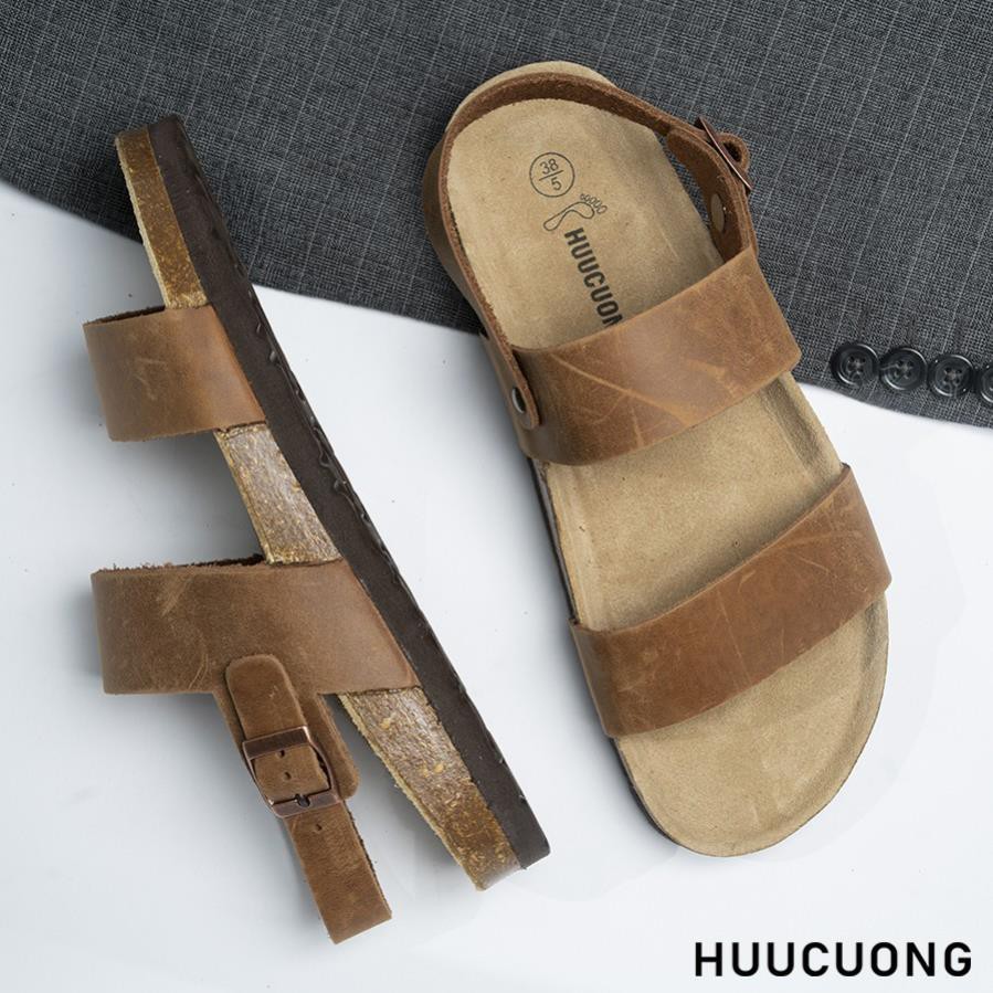 Giày unisex Quai Ngang 2 Quai HUUCUONG Quai Da Thật Màu Nâu Đế Trấu