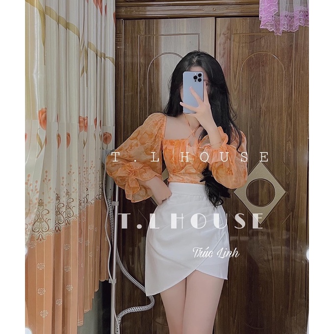 SET ÁO HOA XANH TAY LOE  + CHÂN VÁY  TRẮNG TÀ ĐẮP XÉO