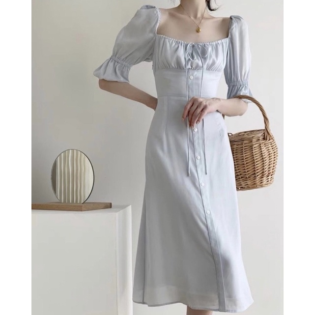 ĐẦM MIDI CỔ VUÔNG XẾP LY NGỰC TAY KHUC BO