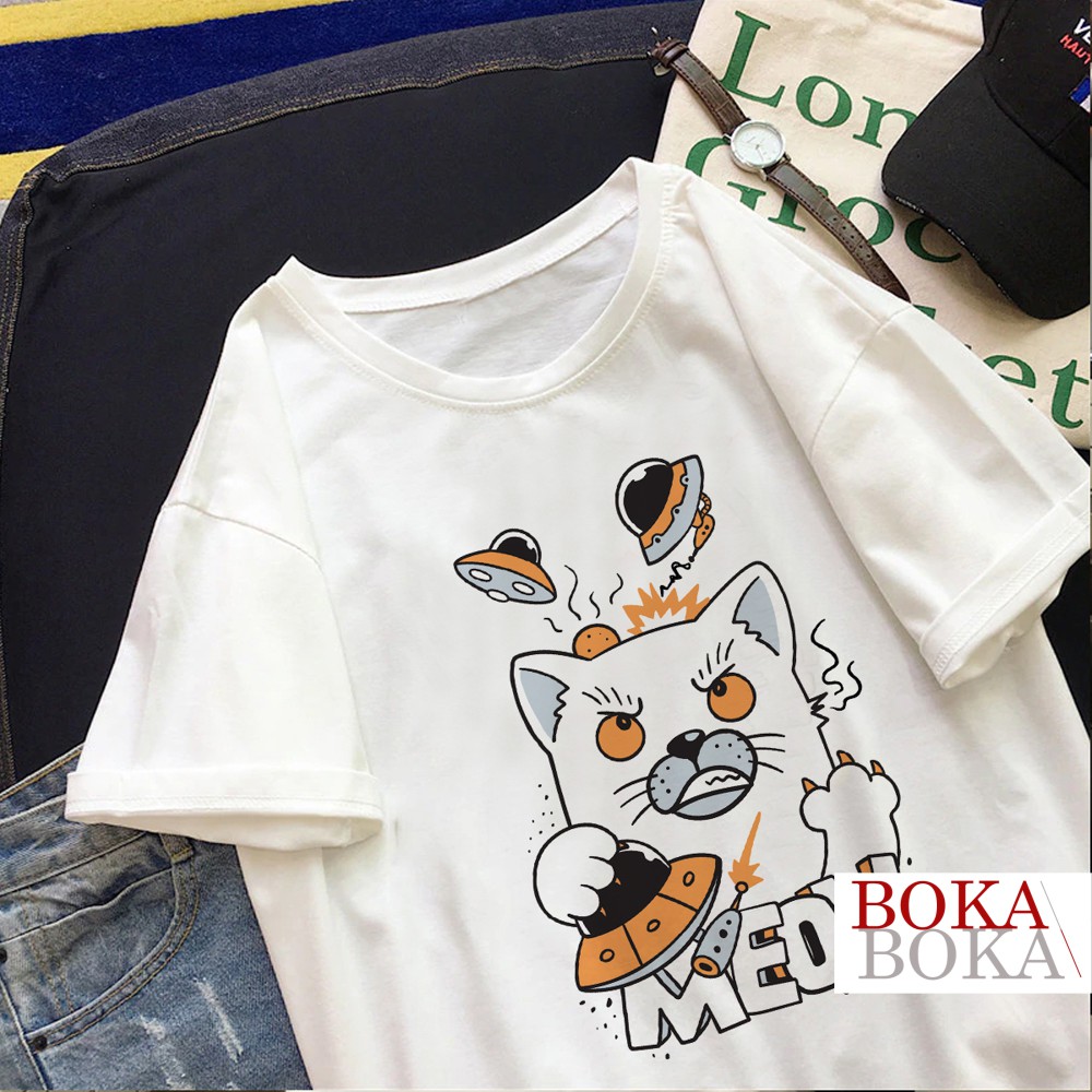 Áo thun nữ tay lỡ freesize phông form rộng Unisex In Hình Meow Beat UFO