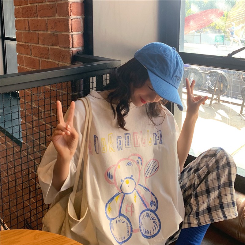 Áo phông tay lỡ unisex BEAR DRAW 2021, Áo phông nữ form rộng màu trắng đen chất cotton thời trang Ulzzang quảng châu | BigBuy360 - bigbuy360.vn