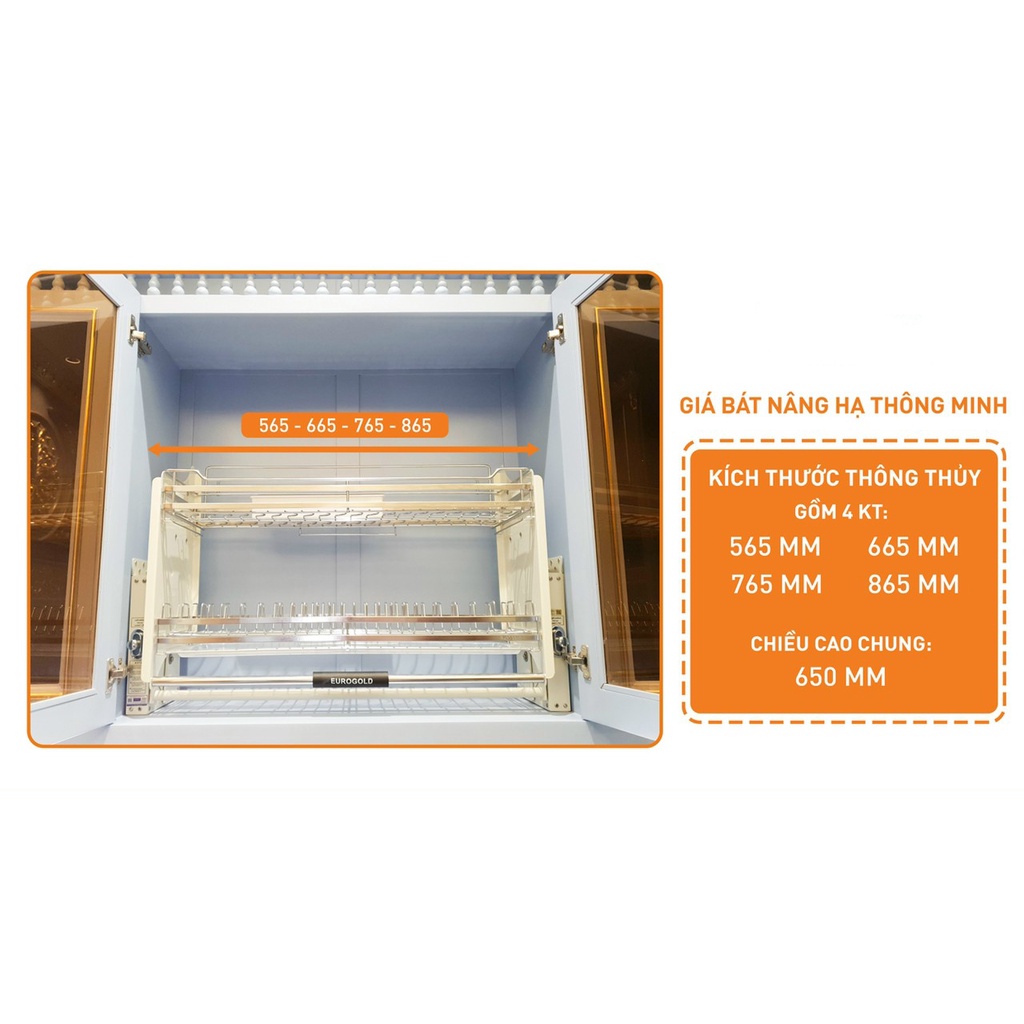Giá bát nâng hạ nan oval EUROGOLD EPV9090, Kệ úp bát đĩa inox 304, Phụ kiện tủ bếp thông minh
