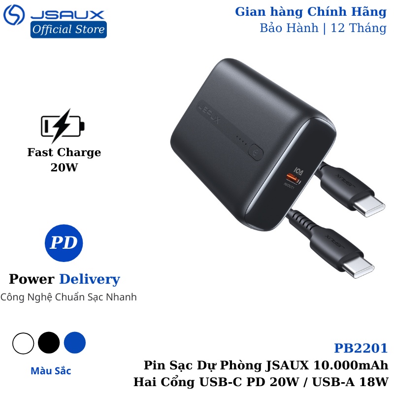 [Mã BMLTA50 giảm 10% đơn 99K] Sạc Dự Phòng Mini Dung Lượng Pin 10000mAh JSAUX PB2201 - Hai Cổng USB-C PD 20W và USB-A