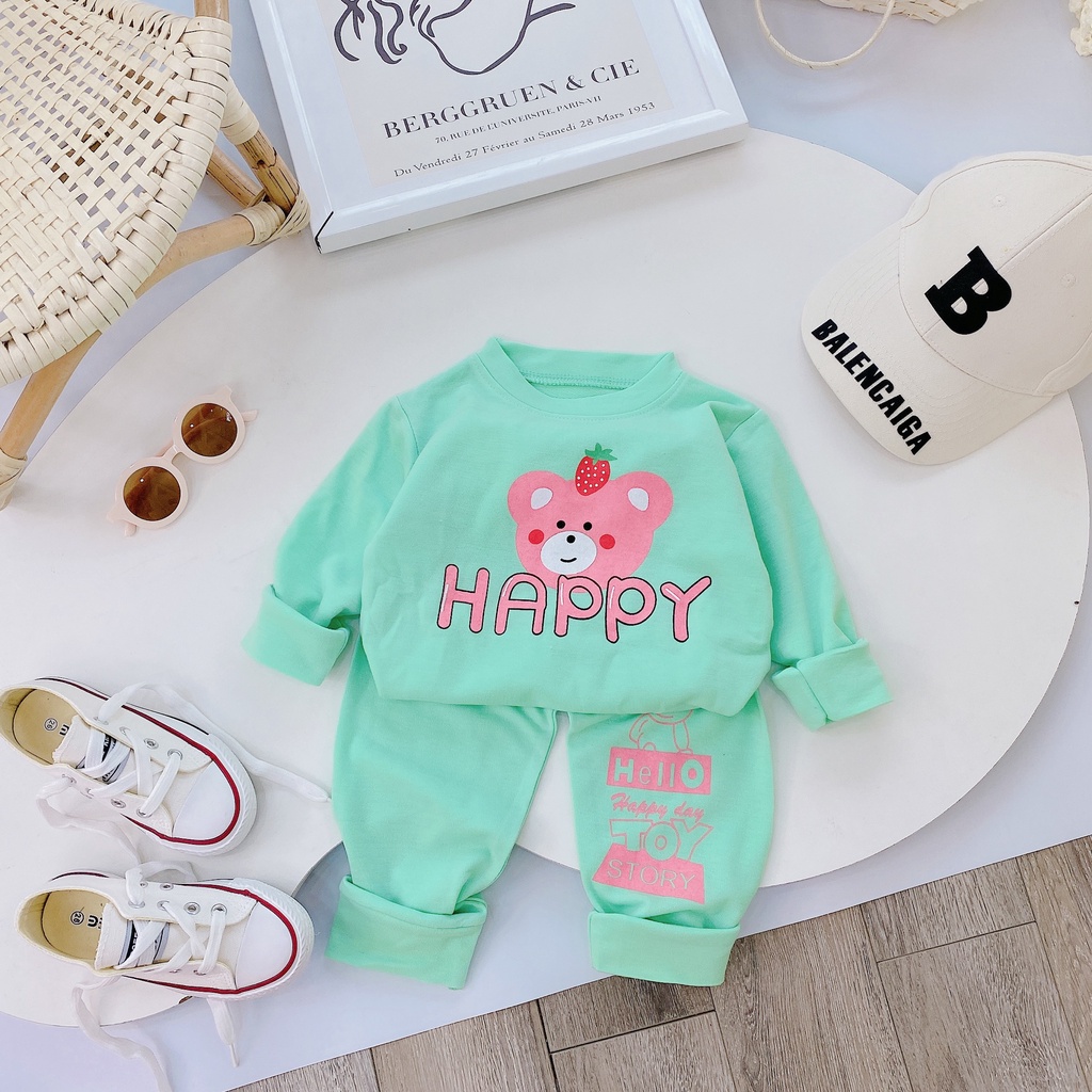 Bộ dài tay cho bé gái mùa thu hình gấu HAPPY 8-18 kg
