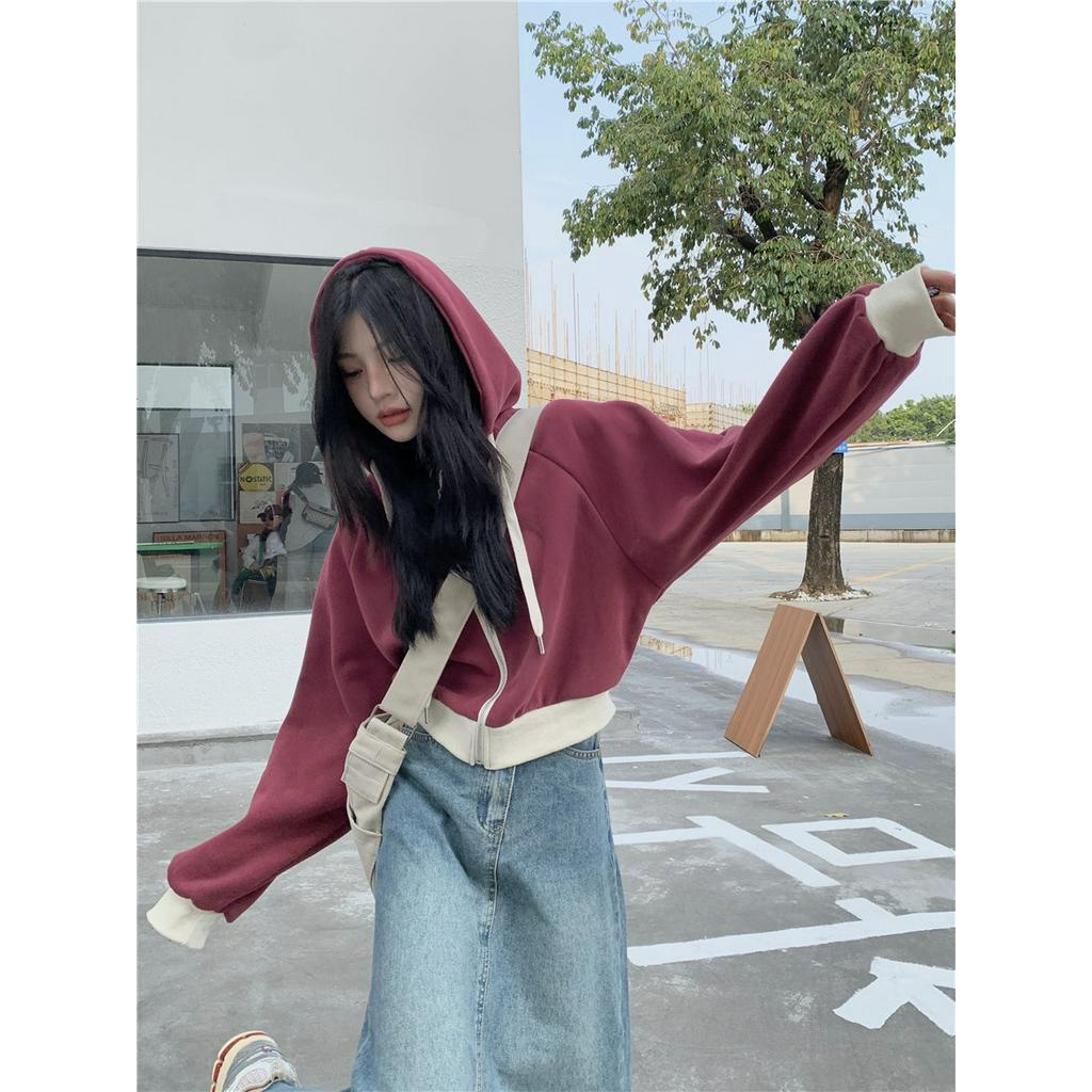 68375 Áo Hoodie Ngắn Dây Rút Áo Nỉ Phụ Nữ Áo Rời