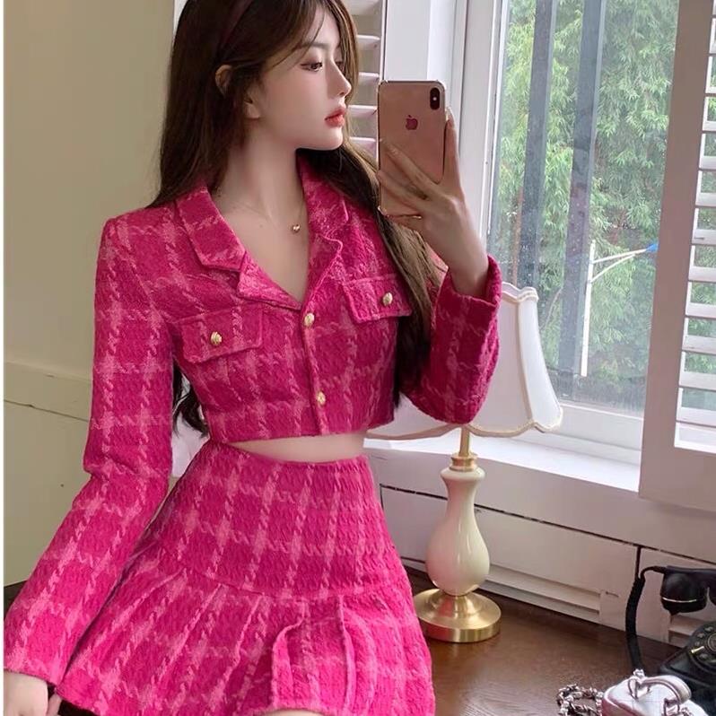 Sét Dạ Hồng kèm chân váy xếp ly hottrent kèm ảnh thật BM
