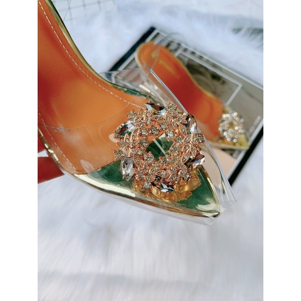 Giày sandal công chúa quai trong đính hoa đá vàng gót ly 8p hàng vnxk cao cấp cực chanh xả