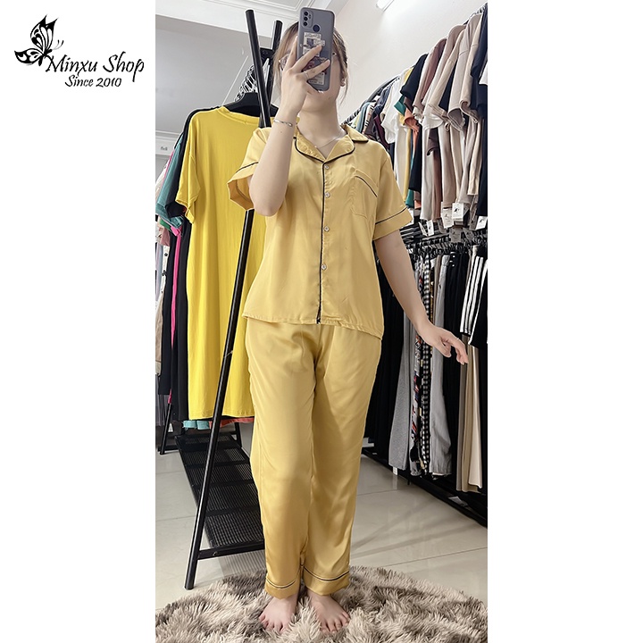 Bộ đồ ngủ pijama, bộ lụa quần dài áo ngắn tay màu trơn thiết kế viền cách điệu trẻ trung lịch sự Minxu Shop PT02