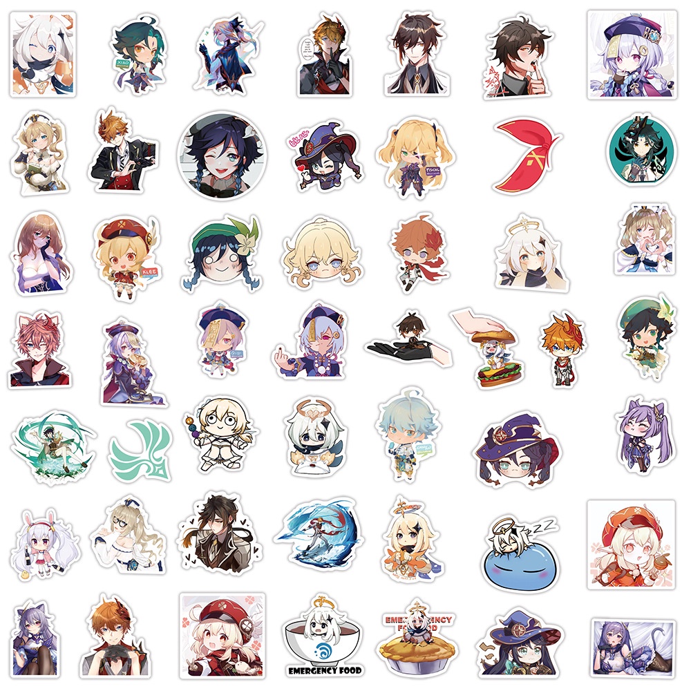 Bộ 50 / 100 cái nhãn dán trang trí laptop vali đàn guitar in hình game Genshin