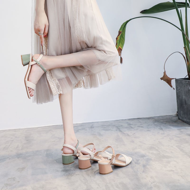 Guốc/Dép nữ✈Da Xianni high-end sandals female 2021 new trendy summer fashion outer wear high heels wild fairy mid-heel