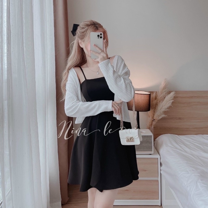 Bigsize Đầm 2 dây dán xòe + áo khoác trắng 50-90kg