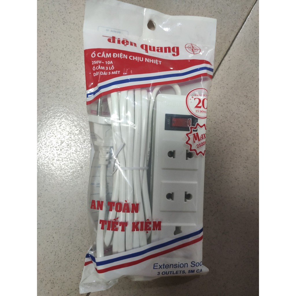 Ổ cắm điện chịu nhiệt Điện Quang 3 lỗ - Dây dài 5 mét | CHỊU TẢI 2500W