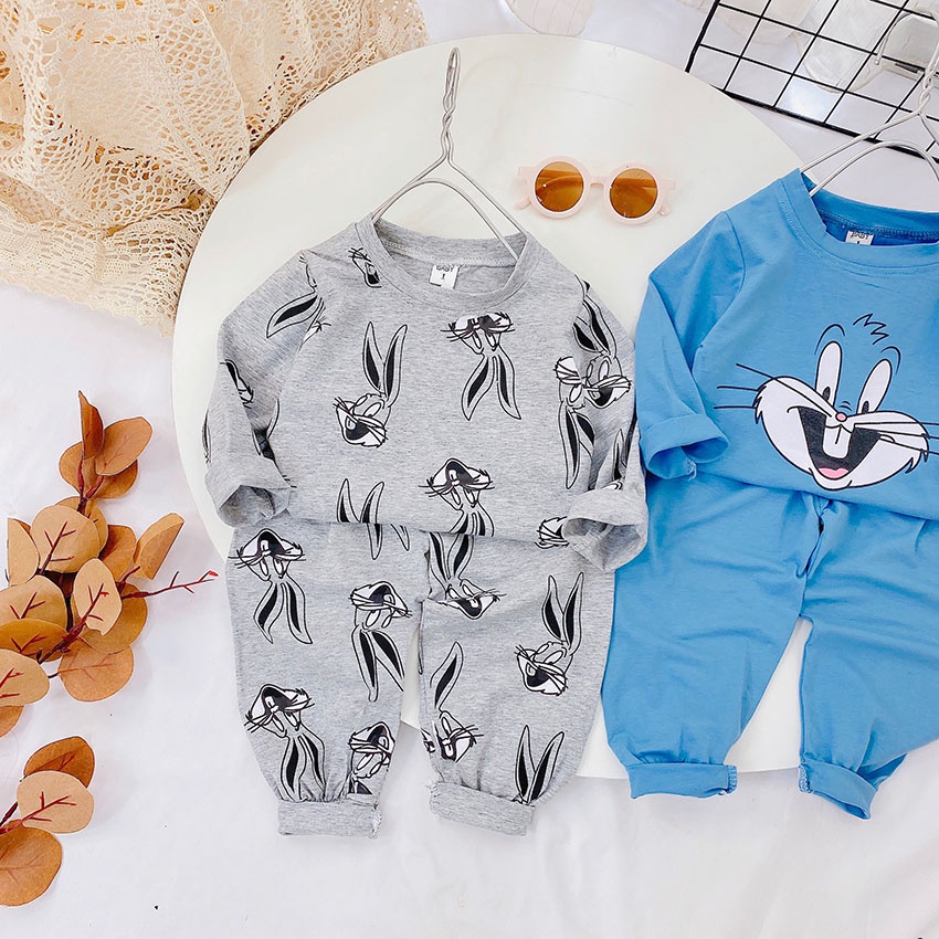 Bộ Quần Áo Dài Tay Thu Đông In Hình THỎ GHI Cho Bé Từ 6-18kg Mã DT33