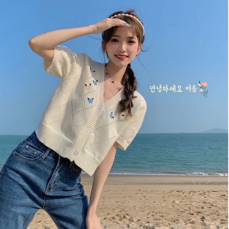 Áo Sweater Ngắn Tay Thêu Họa Tiết Thanh Lịch 185475 Áo Kiểu Cổ Chữ v Phong Cách Retro Xinh Xắn Cho Nữ