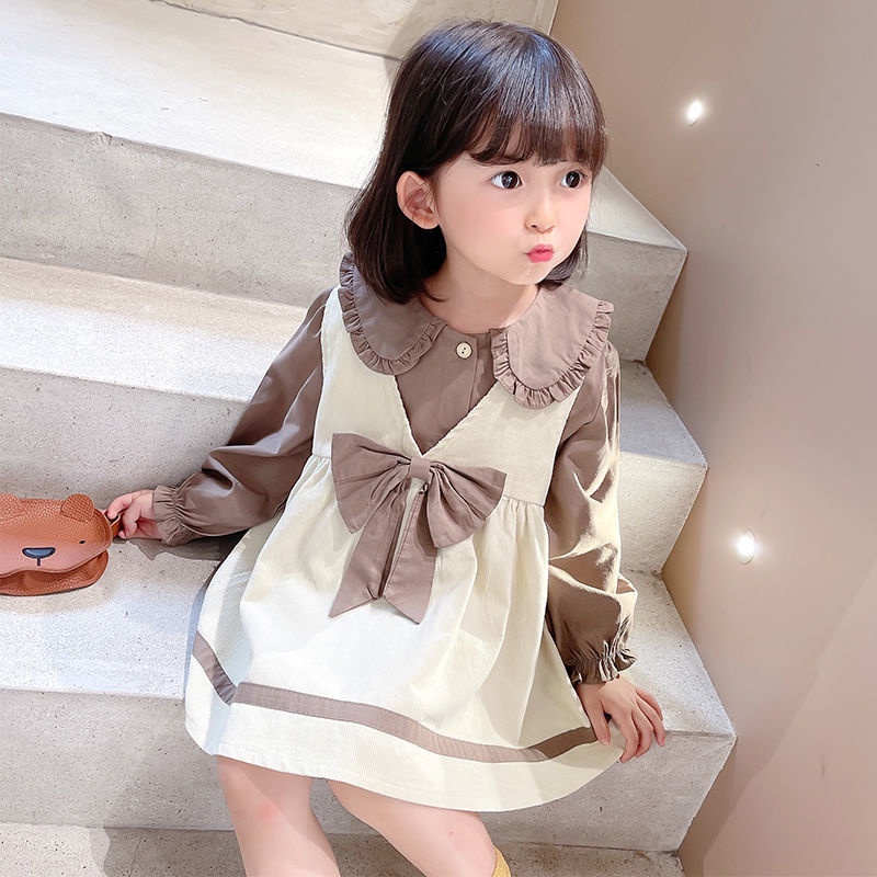 Váy thu đông bé gái nơ ngực kèm áo sơ mi xinh xắn dành cho bé 1-3 tuổi SV20