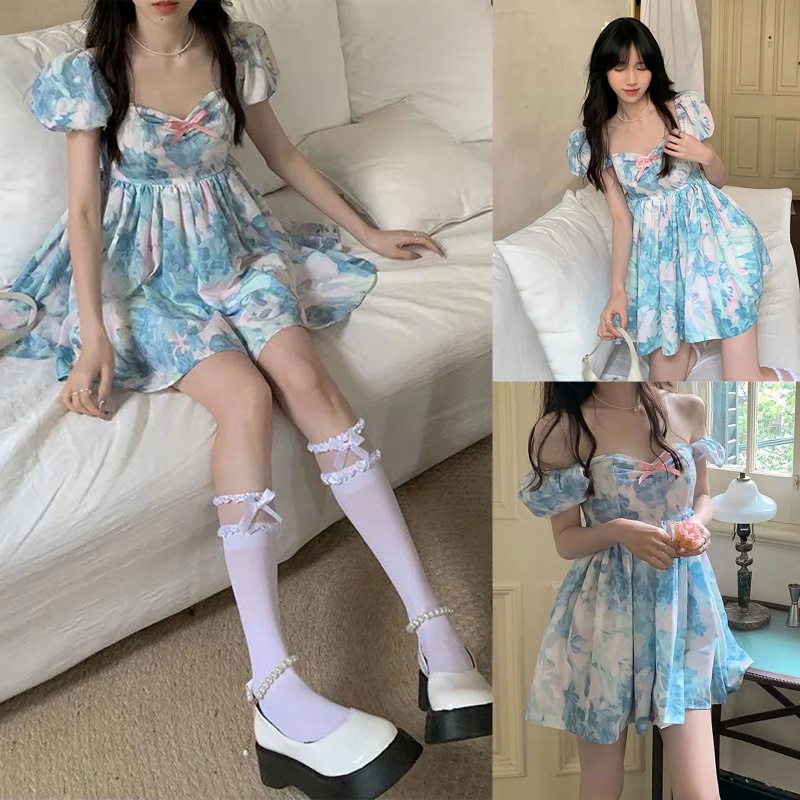 Đầm Tay Ngắn Phồng Trễ Vai Cổ Chữ V Thắt Nơ In Họa Tiết Hoa Phong Cách Cổ Điển Dành Cho Nữ