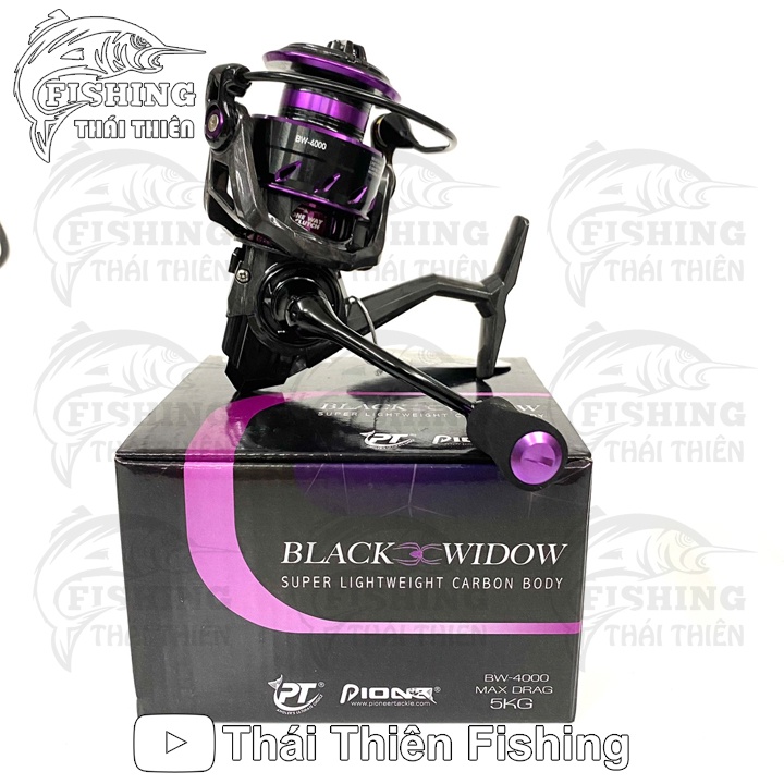 Máy Câu Lure Đứng Pioneer Black Widow 3000, 4000 Thân Carbon Tay Quay Kim Loại Vặn Ren Mẫu Mới 2022