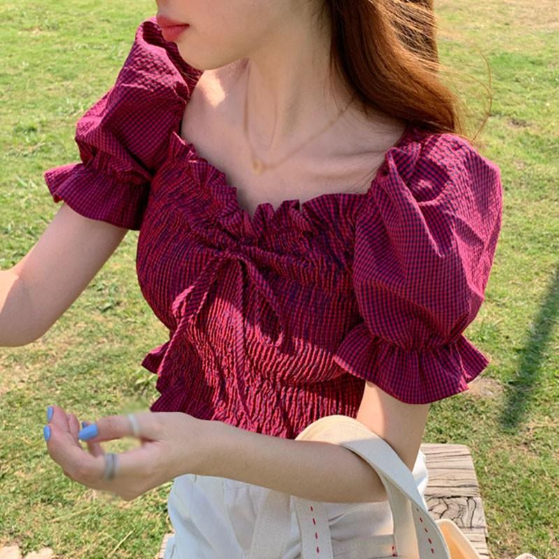 Áo kiểu cổ vuông tay phồng ngắn phối họa tiết sọc ca rô thời trang phong cách Hàn Quốc cho nữ | BigBuy360 - bigbuy360.vn