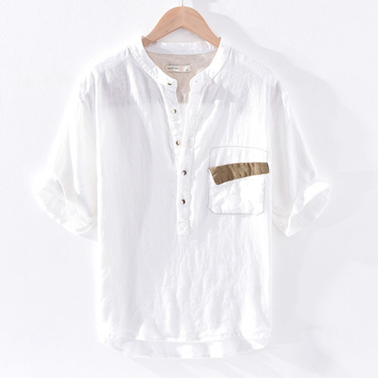 Áo sơ mi đũi nam cổ tầu túi lật, thời trang xuân hè 2021