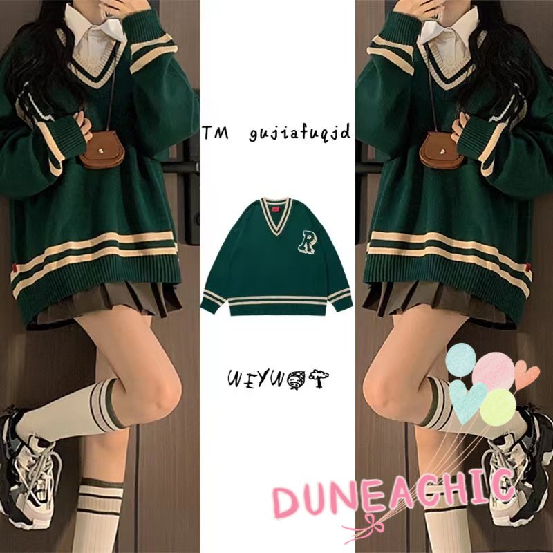DUNEA Áo sweater dáng rộng cổ chữ V phối màu tương phản trẻ trung phong cách Hàn Quốc dành cho nữ